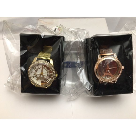 2 Women Gold Rose Gold Watch Tower Eiffel  Rhinestone Dial Quartz Analog - Picture 1 of 3